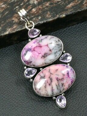 Pink Dendrite Opal, Amethyst Gemstone 925 Sterling Silver Pendant Necklace